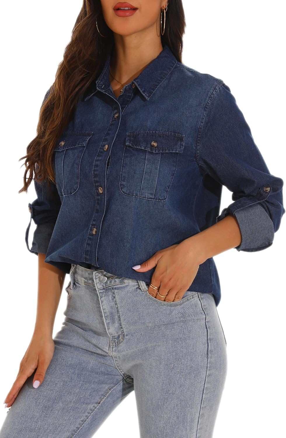 GUANYY Womens Denim Button Down Shirt Long Sleeve V Neck Jean Shirts Western Chambray Blouse Top - Image 3