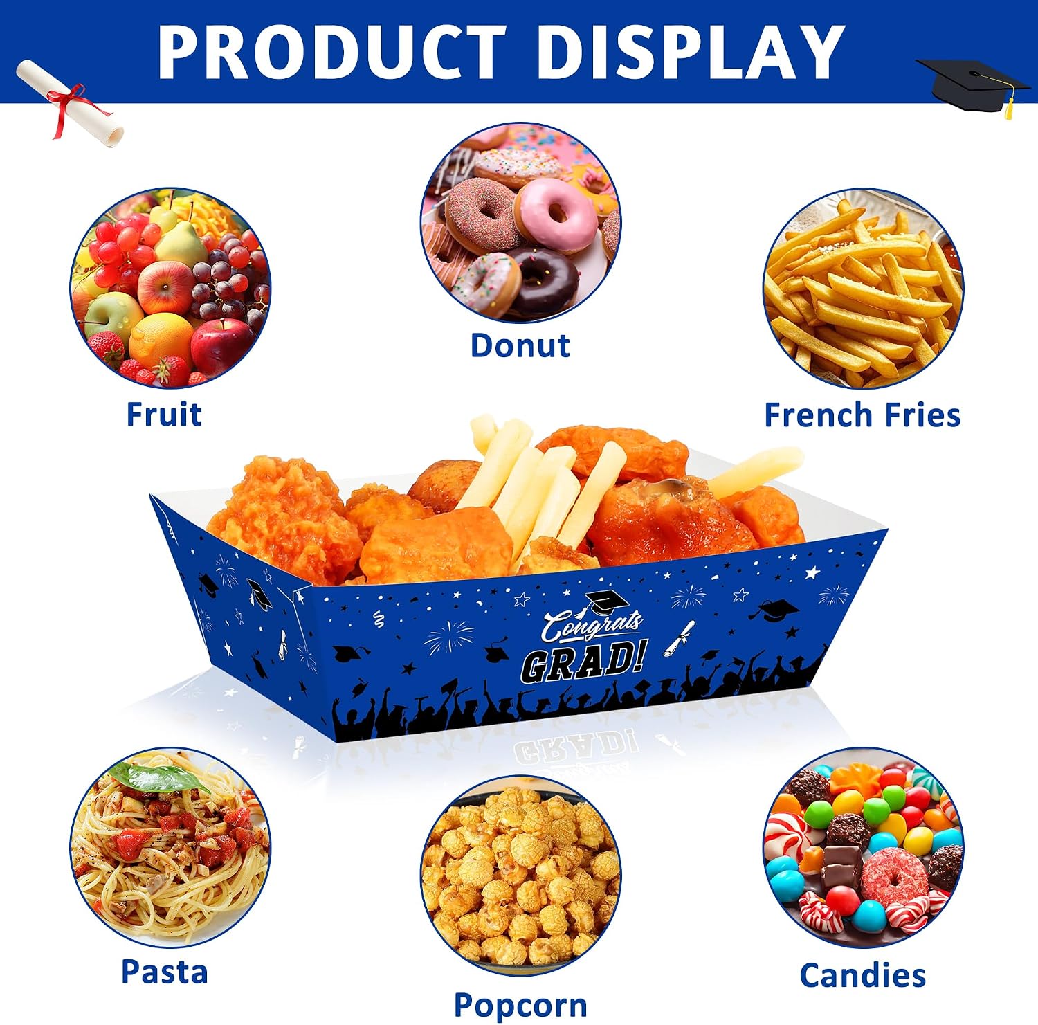 50 Pcs Graduation Decorations 2026, 2 Styles Graduation Food Trays Blue Serving Trays, Congrats Grad Class of 2026 Disposable Paper Plates Easy to Assemble Grad Table Decor Hot Dog for Party Supplies image 5