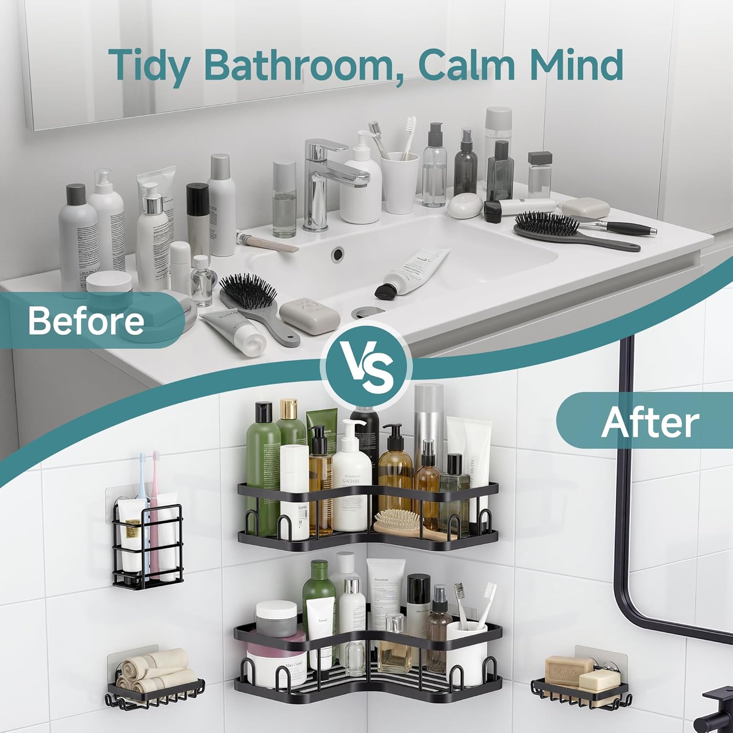 Veken Corner Shower Caddy 6-Pack, Advanced Rustproof Design, No Drilling Adhesive Shelves, Rack with Soap Holder, Large Capacity Bathroom Organizers and Storage, Wall-Mounted Kitchen&Home Decor,Black