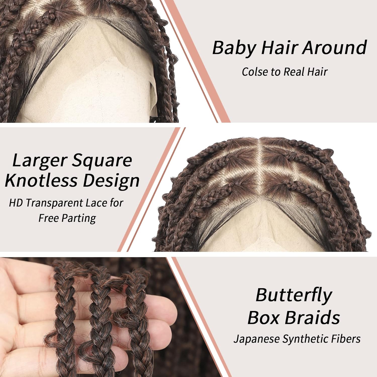 Lexqui 360° HD Full Lace Braided Wigs for Women Knotless Braided Wigs Butterfly Box Braid Wig with Baby Hair Synthetic Hair Braided Lace Front Wigs Brown 36Inch