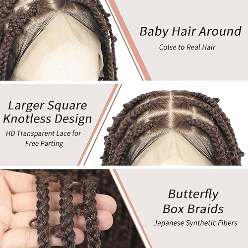 Miniatura 10 de Lexqui Pelucas trenzadas cuadradas de 36 pulgadas con caja de mariposa sin nudos para mujeres negras, peluca frontal de doble encaje con pelo de
