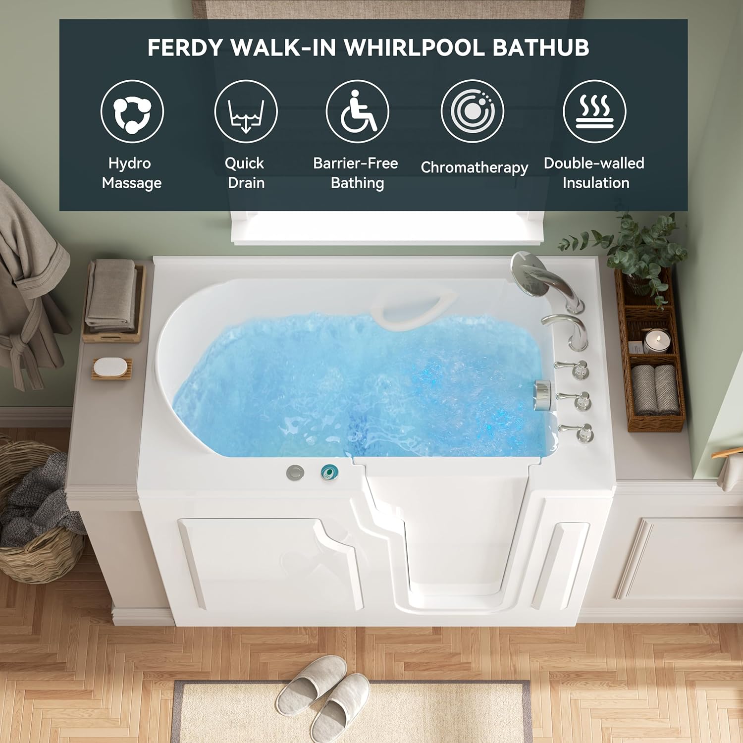 FerdY Floridian 55" x 33" Walk-in Whirlpool Bathtub with 16 Air SPA Jets and Right-Side Door Opening and Quick Fill and Drain System& Bath Pillow for Bathtub,Thick Tub Pillows, Ergonomic Support