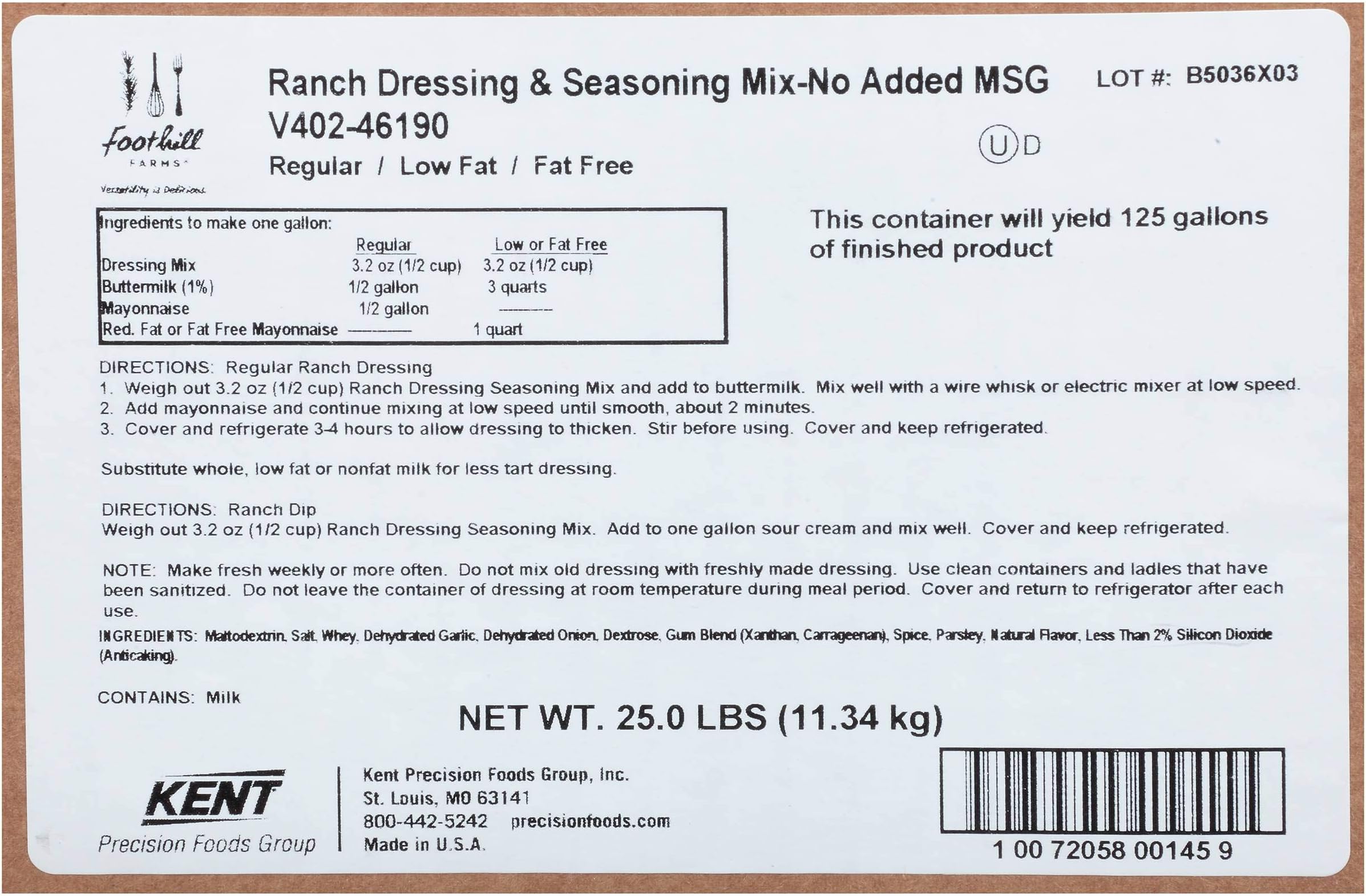 Foothill Farms Ranch Dressing Mix No Msg - 25 Pound -- 1 Each -- 1 Case