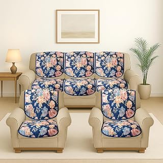 Cloth Fusion Velvet Floral Printed 5 Seater (3+1+1) Sofa Cover for Living Roomm (174+58+58 cm, Navy) Price In India