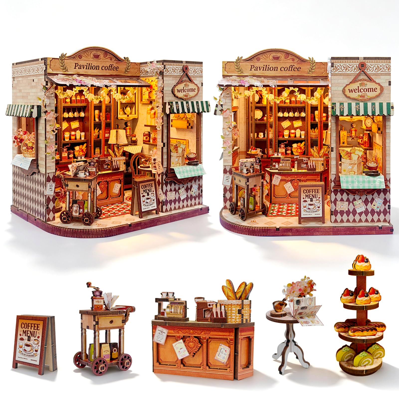 Puzzle 3D in legno fai da te in miniatura, kit fai da te, padiglione per il tempo libero, caffetteria con luce LED, 276 pezzi, kit di modellini retrò per casa delle bambole, hobby creativo in legno