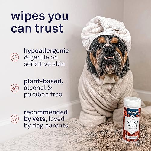 Miniatura 15 de Petpost Toallitas antiarrugas para perros 100 unidades limpiador de cara y arrugas de perro Toallitas suaves para mascotas con aceite de coco