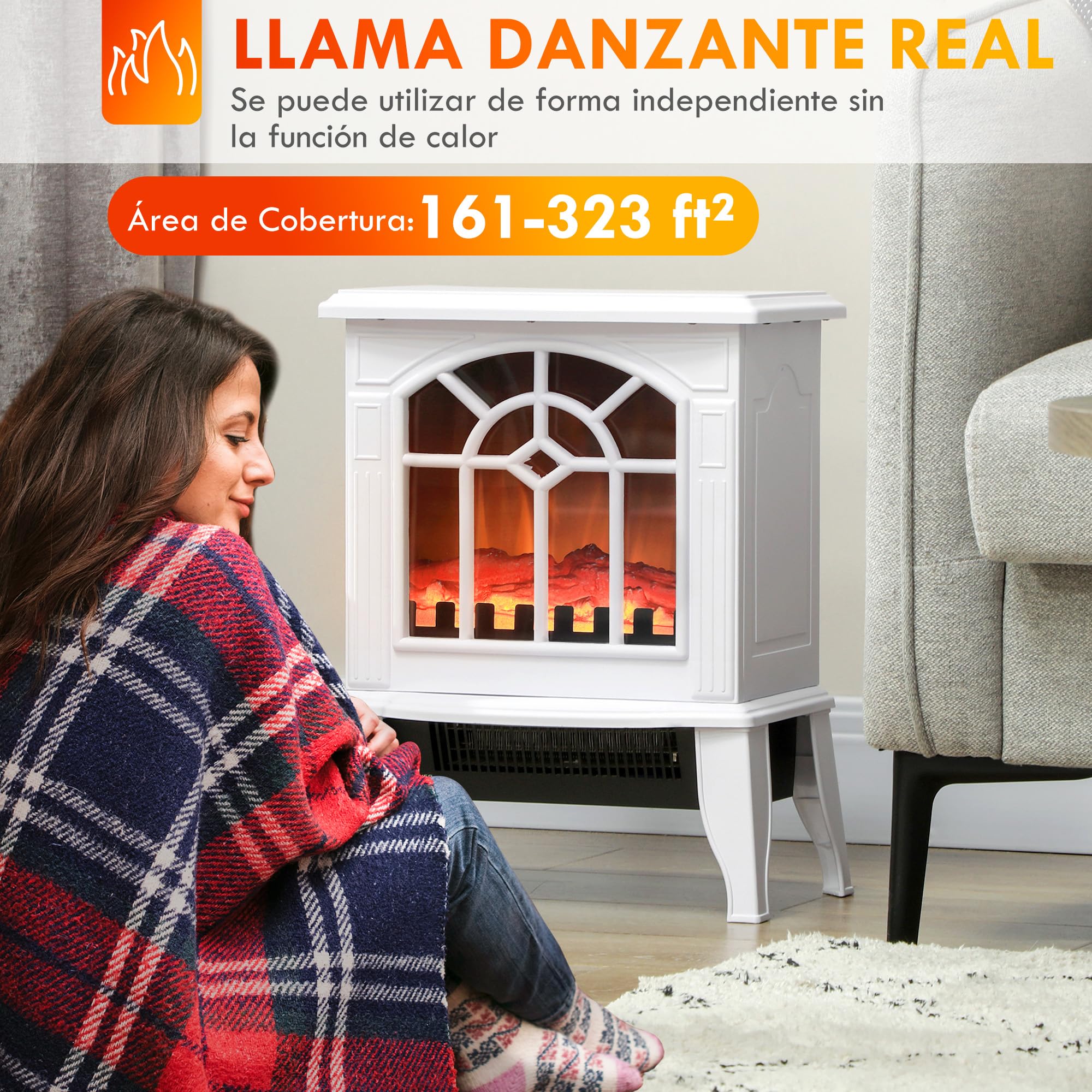 HOMCOM Chimenea Eléctrica 2000 W Decorativa de Pie con LED Llamas Temperatura Ajustable 36,5x24x46 cm Blanco