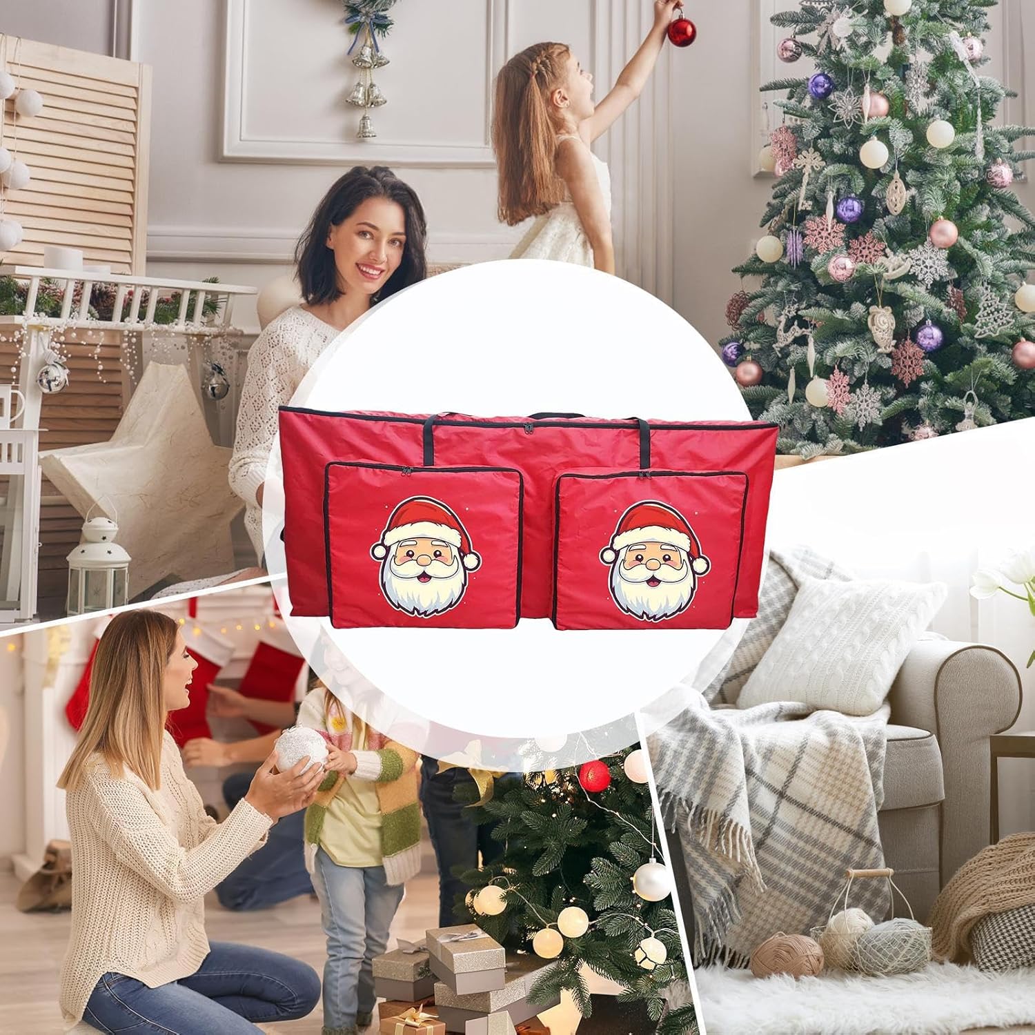 Christmas Tree Storage Bag - 48 Inch Zippered Organizer For Holiday Decoration Storages, Seasonal Supplies With Carry Handles, Wreath Pouch For Garage Apartment, Oxford Fabric Red, Travel Use