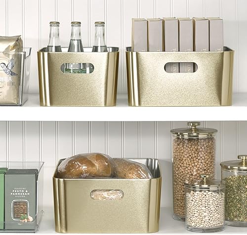 Miniatura 3 de mDesign Cesta pequeña de almacenamiento de metal, asas para estantes de cocina en despensa, armario, armario, refrigerador, congelador, capacidad