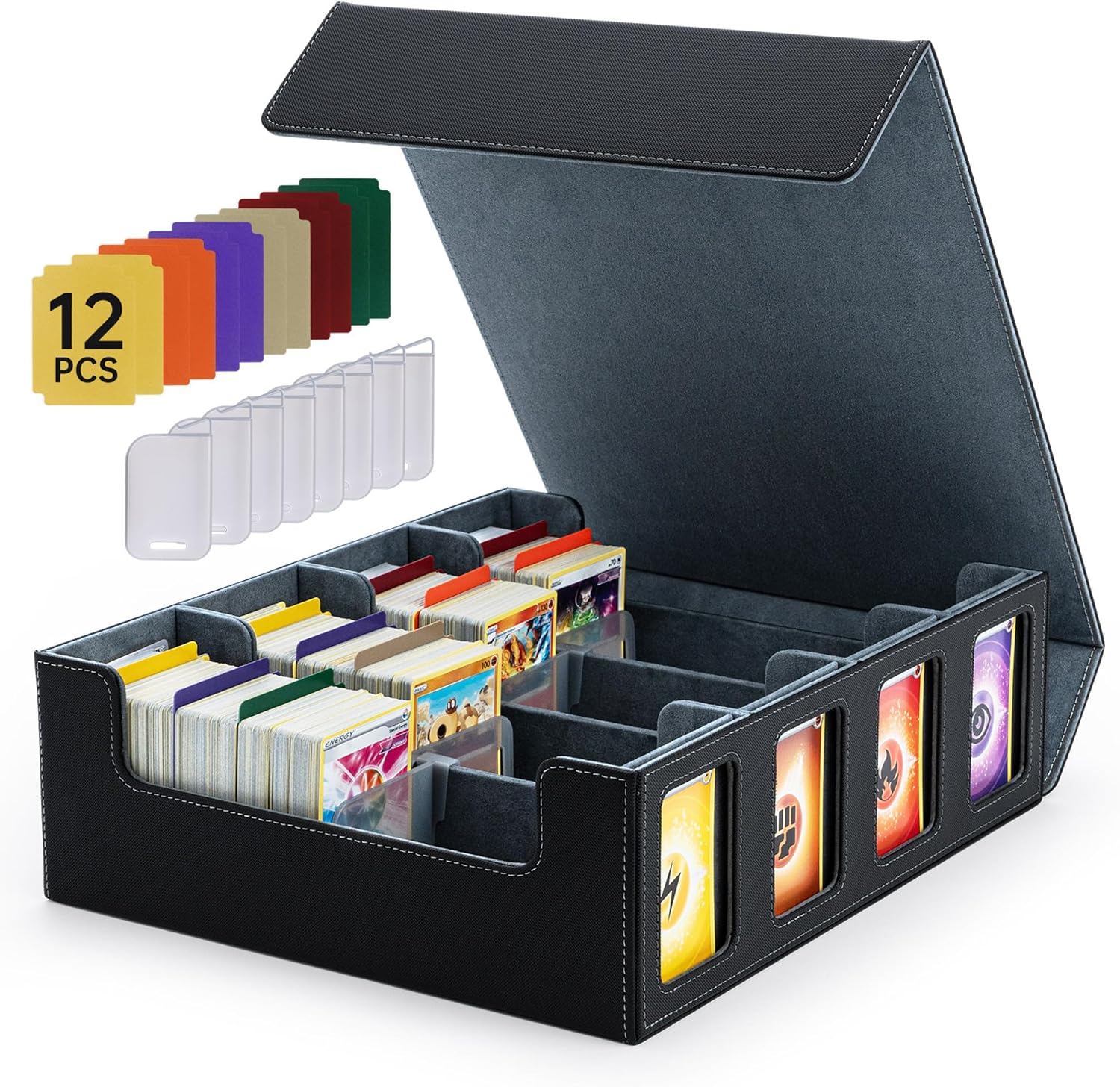 Pudełko na karty MTG, 4 rzędy pudełka na ponad 3200 kart, magnetyczne pudełko z klapką ze skóry PU na karty Magic Commander TCG z 12 wielokolorowymi przegródkami i 8 klipsami - czarne