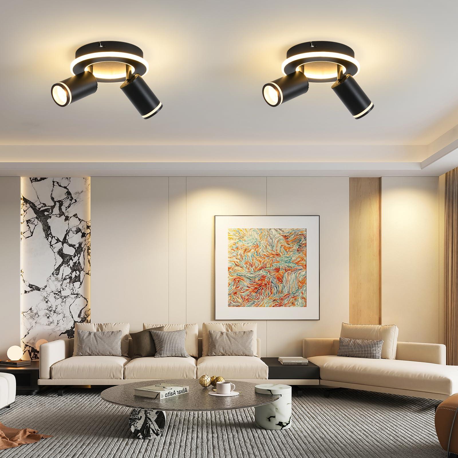 SANSHI Rotonda Faretti da Soffitto Orientabili Interno LED 2 Luce,Faretti da Parete con Inferiore 15W+2x5W,GU10 Lampadario Faretti,Moderna Plafoniera Faretti Bianco Caldo 3000K per Cameretta,Nero