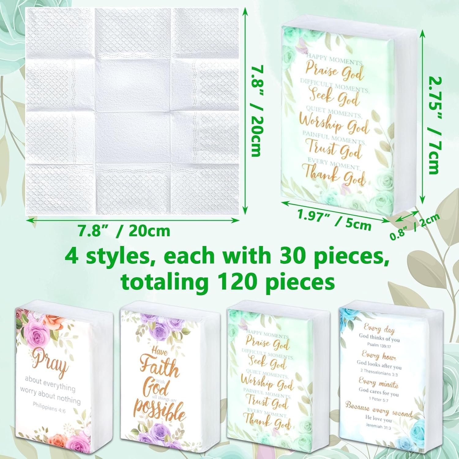 120 Pack Bible Theme Facial Tissues Individual Pack Bulk Christian Pocket Travel Size with Floral Pattern for Holiday Graduation Ceremony Wedding Church Supplies 3 Ply