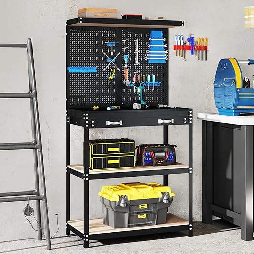 Miniatura 8 de Goplus Banco de trabajo, mesa de trabajo con cajón, tablero de clavijas, accesorios para colgar, espacio de cobertura, banco de almacenamiento de