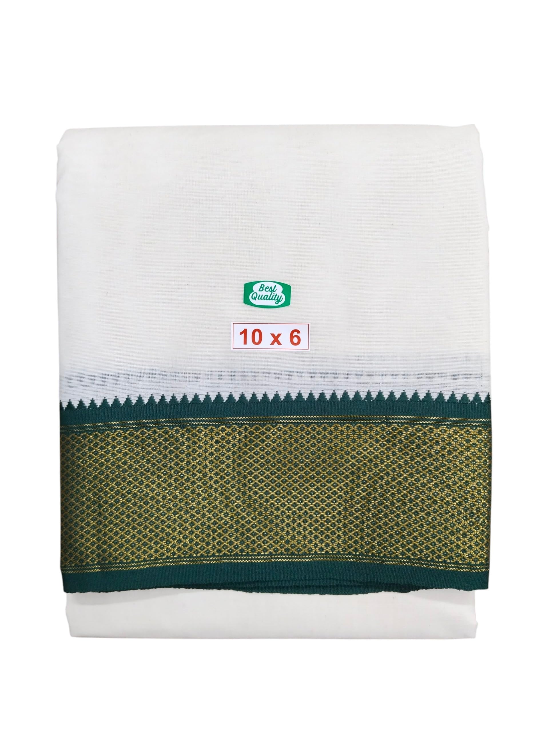 sri raajam textiles Traditional Mens Pure Cotton 16 Mayilkan Dhoti with Angavashtram, 10x6 Size, Green & Maroon Zari Border, Cream Off White Colour, 4.5 Metres Dhoti with 2.75 Metres Angavashtram,10+6, 4 Inch Border-picture-45