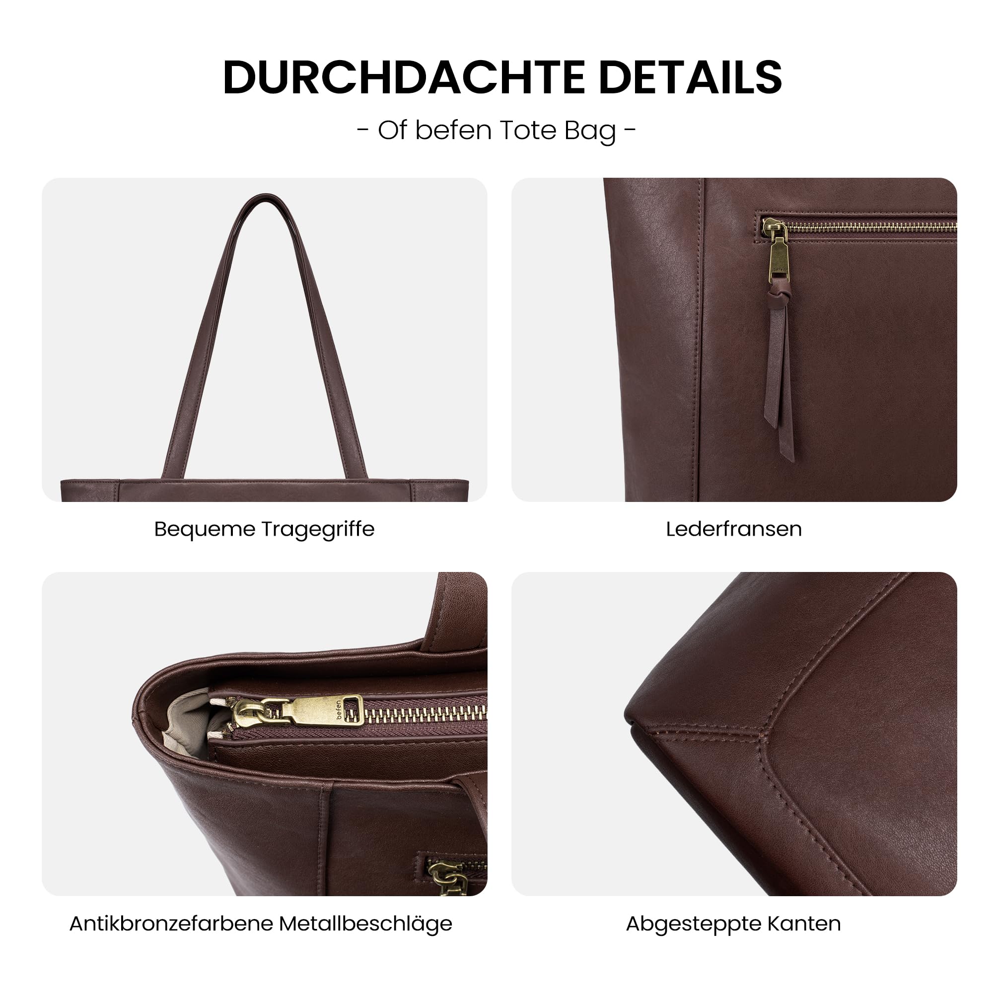 befen Echtleder Shopper Tasche Damen Handtasche Groß, 15,6 Zoll Laptoptasche Damen Leder Tache Tote Bag Lehrertasche mit Reißverschluss, Schultertasche für Business Büro Schule