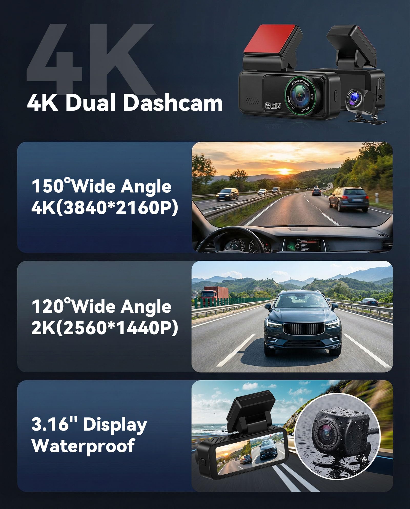 SIXWIN Dashcam 4K para Coche – Cámara Delantera 4K UHD y 2K Trasera Full HD, Pantalla 3.16″, WiFi y App, GPS, ADAS, Sensor de Golpes,Grabación Cíclica, Monitorización de Aparcamiento 24/7