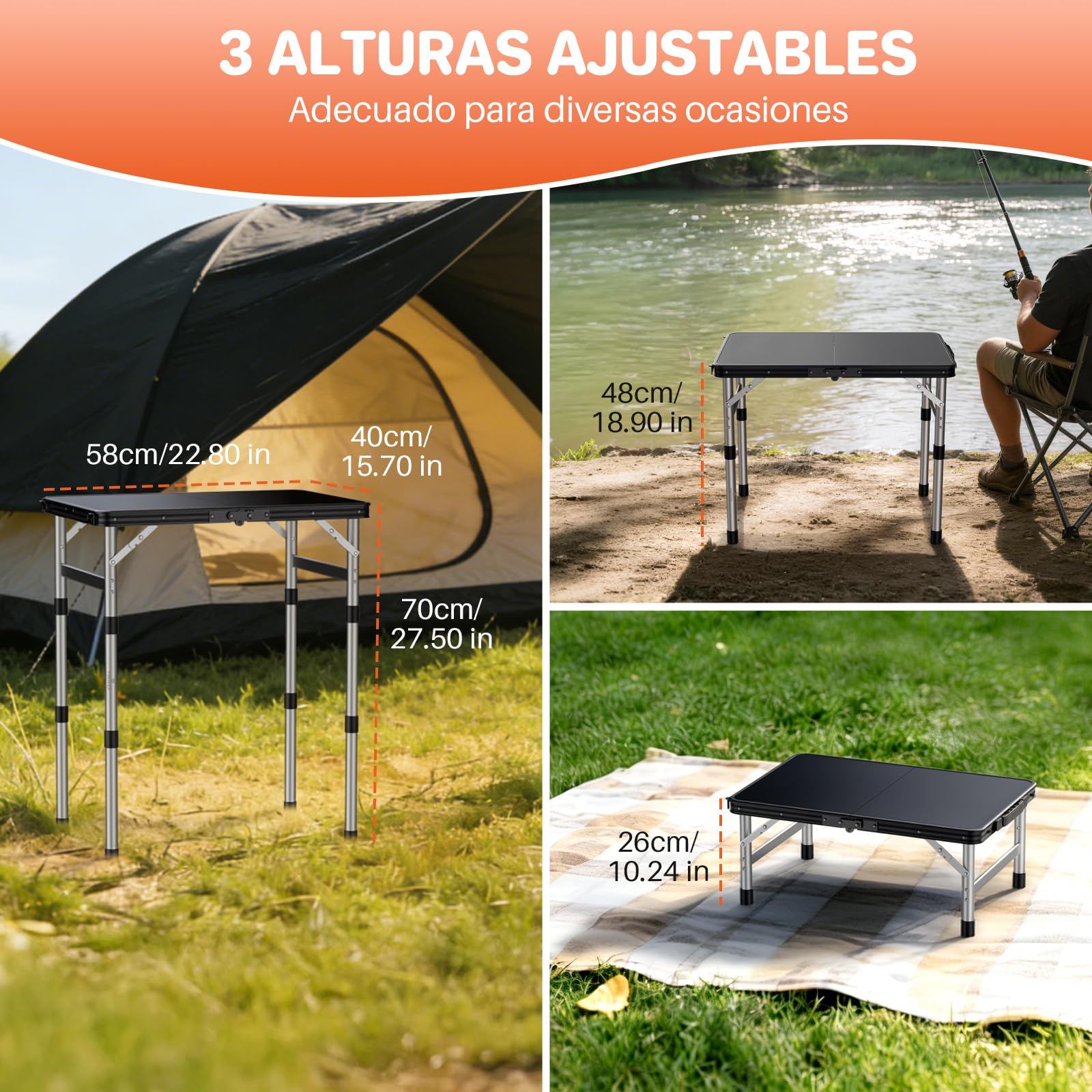 FUNYKICH Mesa Plegable Plástico 58x40cm 3 Alturas Ajustables (26/48/70 cm) | Mesa Plegable Camping Portátil, Más Impermeable,Superficie de Mesa Plana, para Picnic Camping Pesca Barbacoa