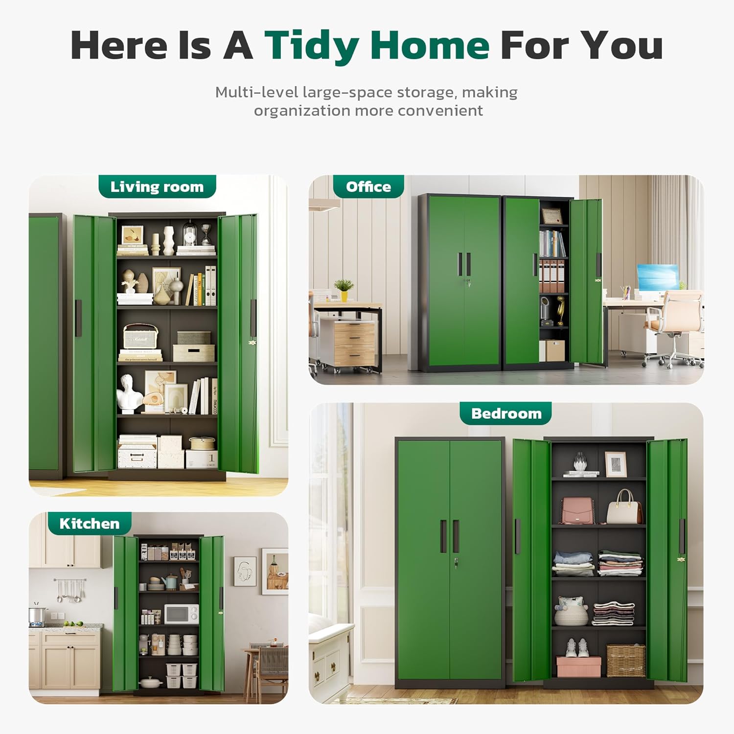 Greenvelly 63" H Metal Storage Cabinet Black Green, Locking Metal Cabinet, Store Tools, Clothes, Tableware and Toiletries, Garage Cabinets with Adjustable Shelves for Office, Home, Garage, Pantry