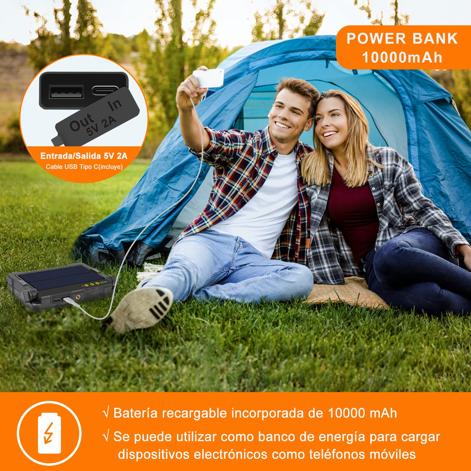 MEIKEE Foco LED Recargable 1000 Lúmenes con Batería 10000mAh, Luz de Trabajo Portátil con 4 Modos/5 Niveles de Brillo, Carga Solar/USB, Soporte Ajustable 180°, Power Bank para Camping/Emergencias