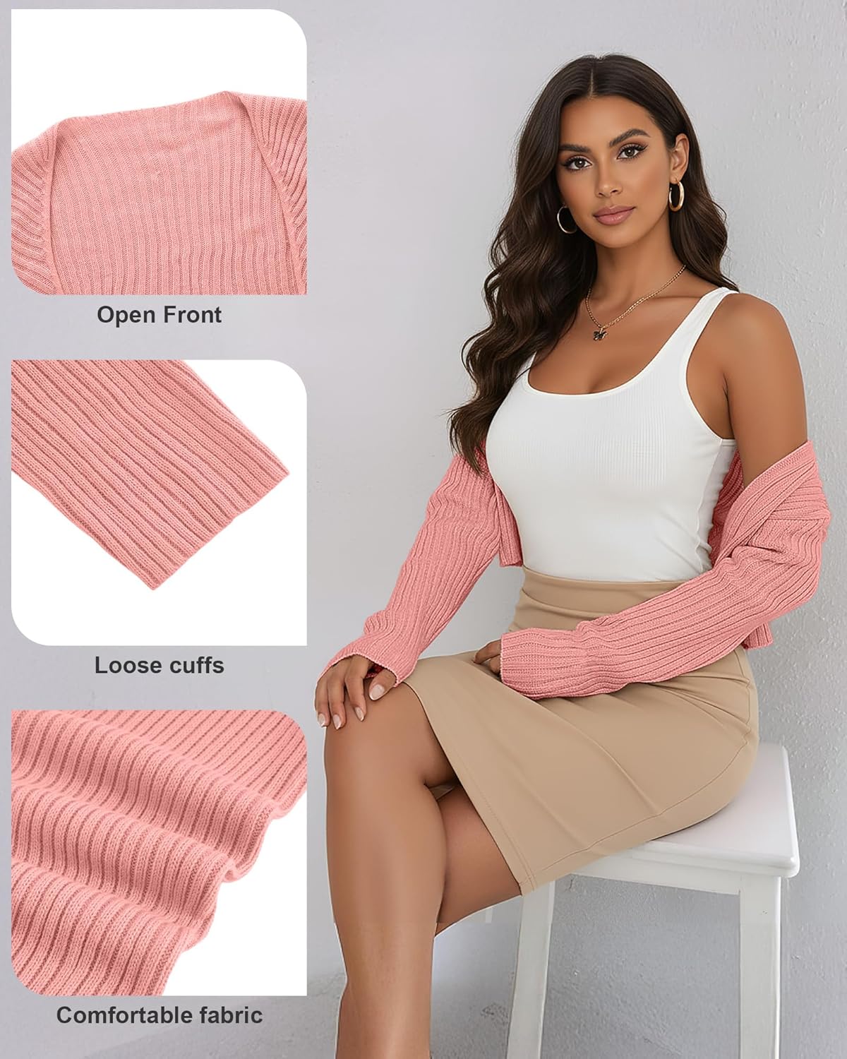 2 Pack Women Crop Cardigan Sweater Bolero Shrug Open Front Long Sleeve Shrug Knit Drop Shoulder Y2K Winter Outfits - Image 5