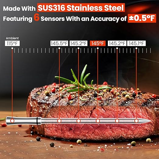 Smart Bluetooth Wireless Meat Thermometer with WiFi - 6 Sensors with NIST Certified Accuracy