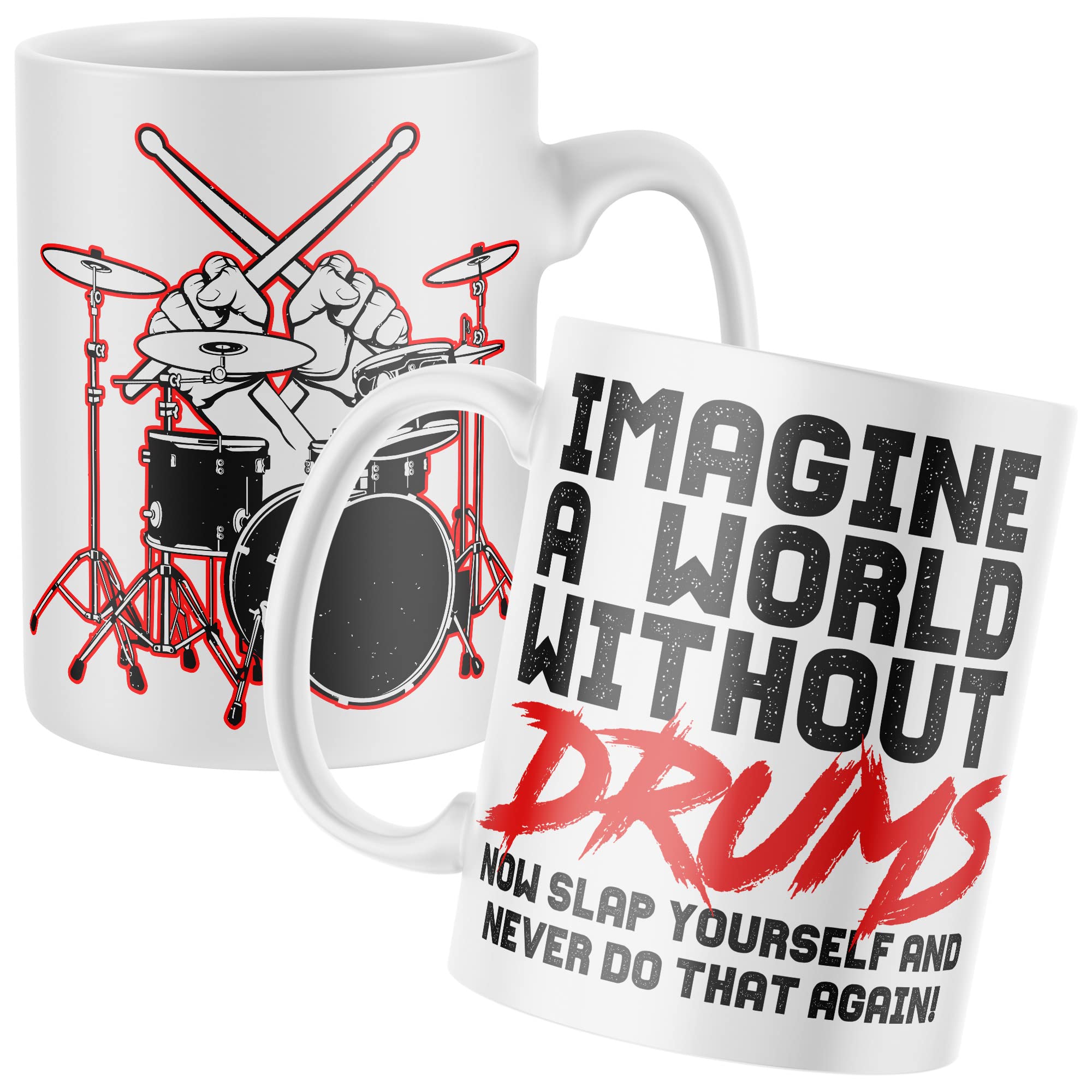 Purple Print House Imagine A World Without Drums Mug, Funny Coffee Cup, Music Gifts for Him, Drum Kit Birthday Present Ideas For Dad or Son, One Size, White