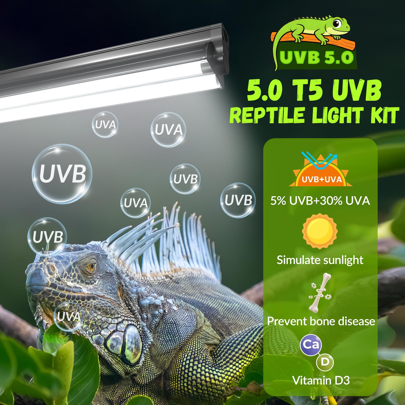 GlowUp 22inch 24W T5 5.0 UVB Light for Reptiles Light Fixture Combo Kit Reptile Lamp Tube Terrarium Hood UVB Light for Bearded Dragon Rainforest Dwelling Reptiles, Chameleons, Iguanas, Turtles - 3