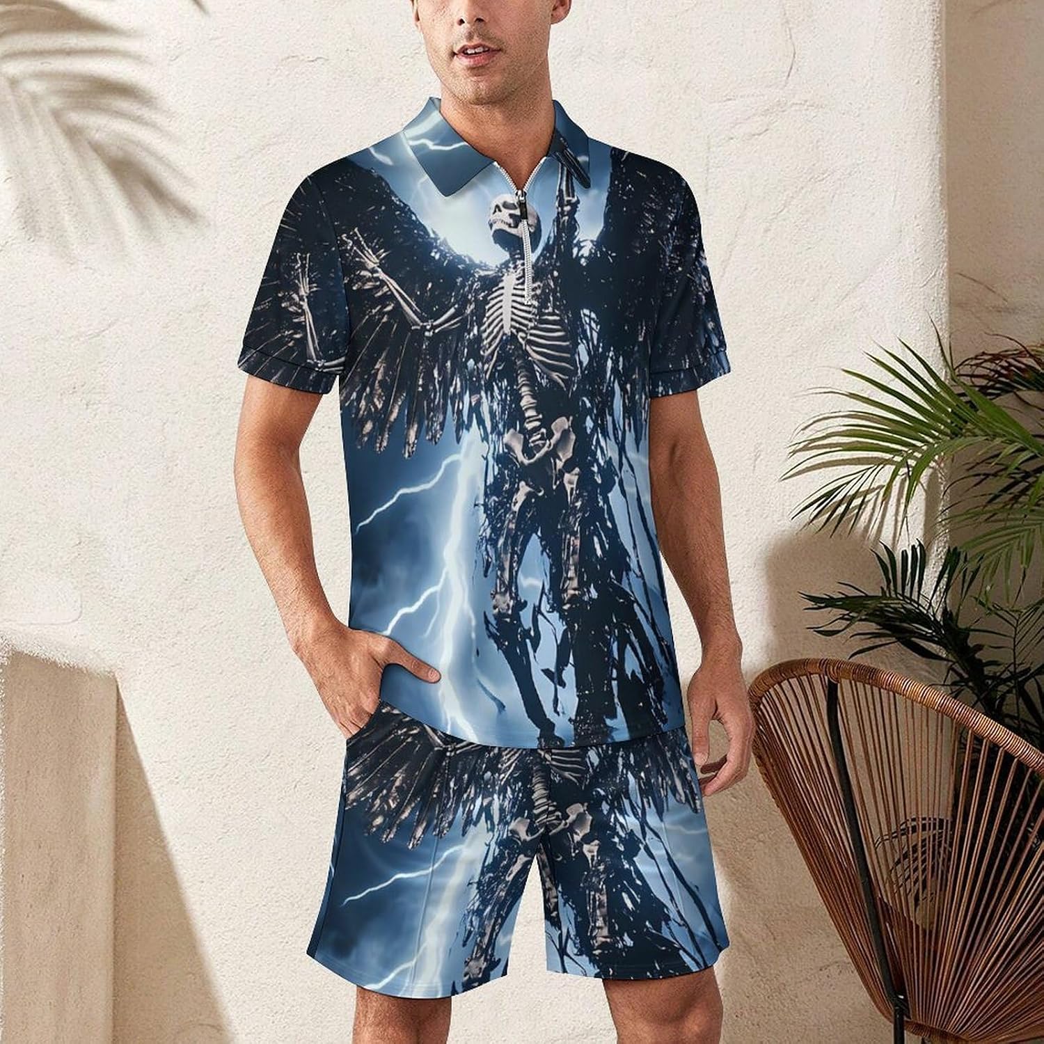 Skull Angels-Skeleton Mens Polo Shirts Track Suits 2 Piece Short Sleeve Sweatsuit 1/4 Zip Golf Loungewear for Sports