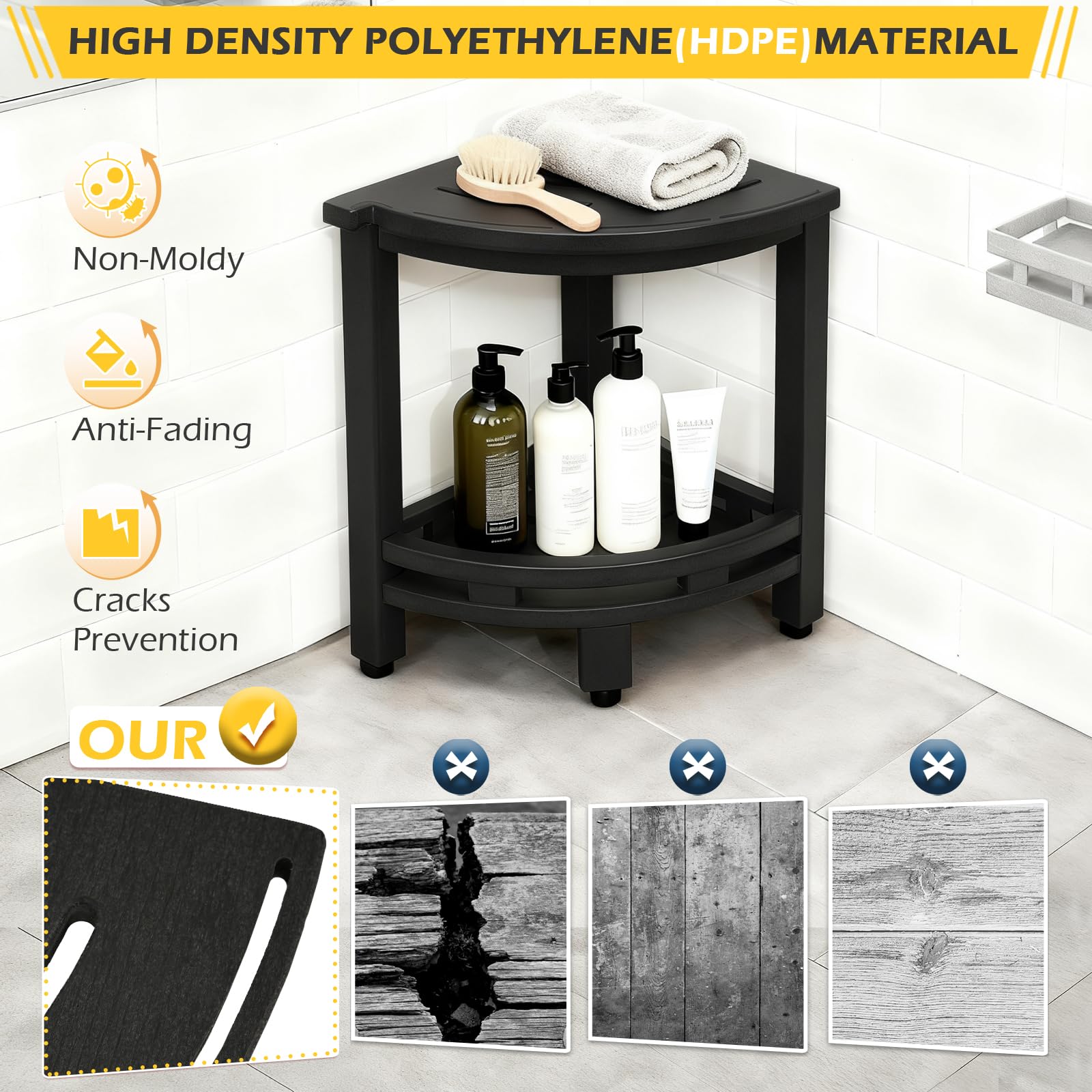 Taburete de ducha de esquina de polietileno de alta densidad para afeitarse las piernas, taburete de ducha impermeable con estante de almacenamiento para baño, color negro