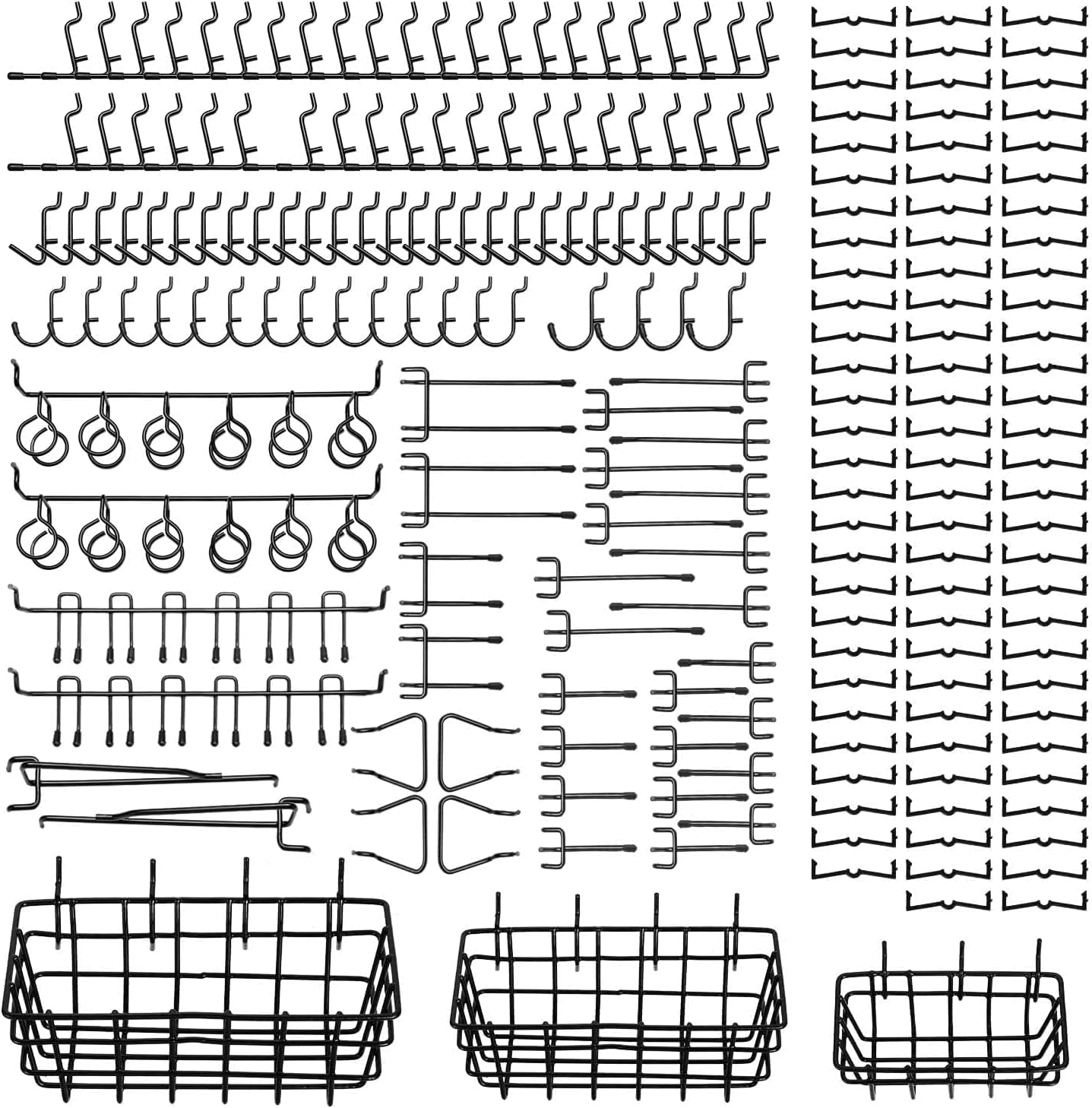 Oyydecor 205PCS Pegboard Hooks Set with 3 Packs Pegboard Baskets S/M/L, Pegboard Hooks Accessories Kit, Pegboard Bins Organizer for Garage (Black Color)