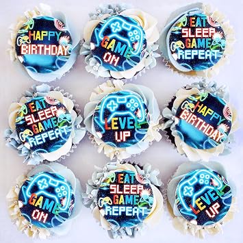 40PCS Edible Video Game Cupcake Toppers Bonus Level Up Game on GamePad Cupcake Picks for Video Games Baby Shower Boys Girls Gamer Birthday Party Decorations Supplies