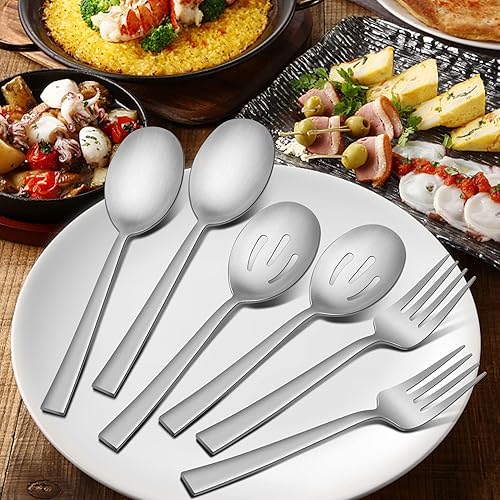 Miniatura 7 de Herogo Juego de cubiertos mate de 46 piezas con utensilios para servir, cubiertos cuadrados de acero inoxidable, moderno juego de cubiertos con