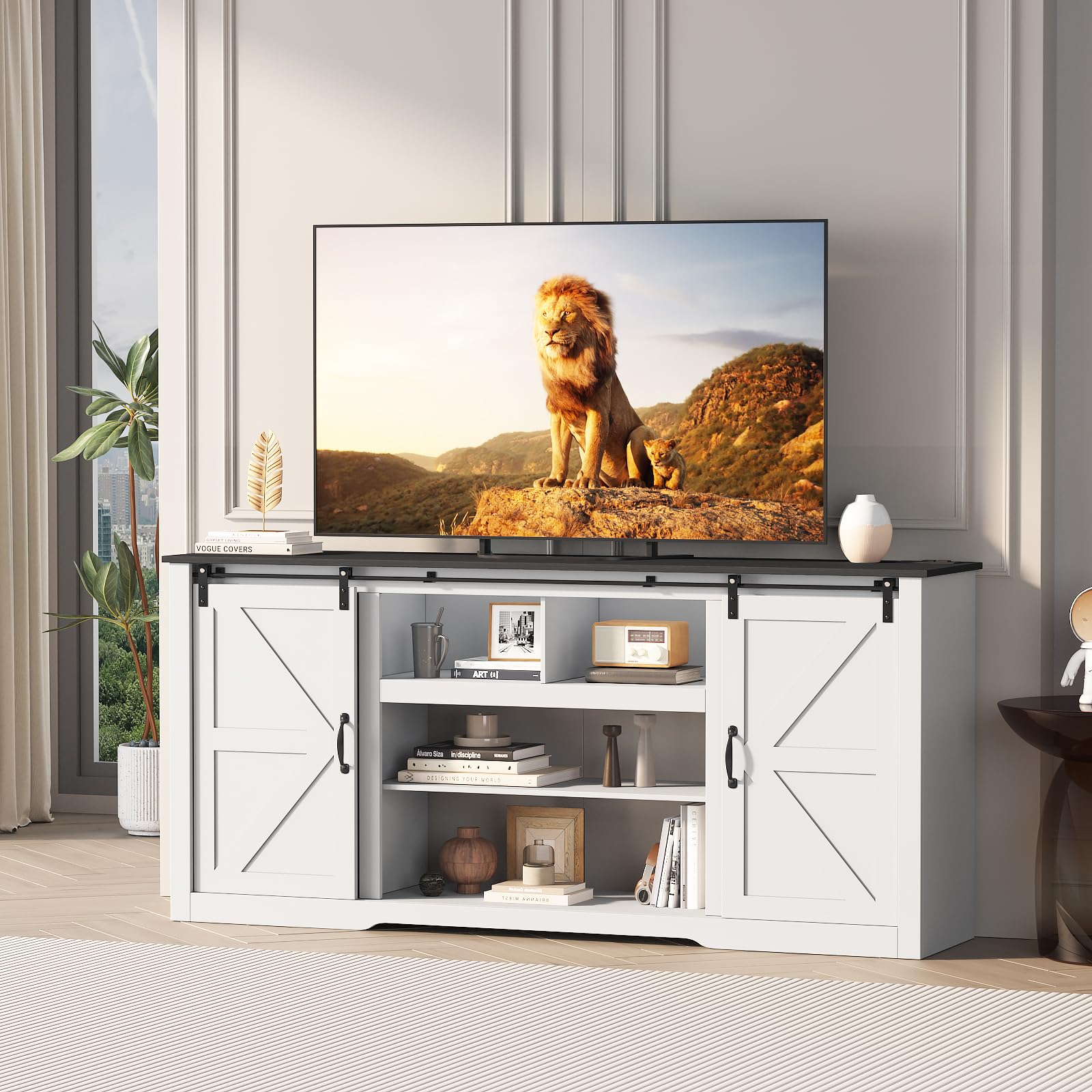 GarveeLife 70 in Farmhouse TV Stand with Power Outlets for Televisions Up to 80 in TVs, Sliding Barn Door & Large Storage Cabinets with Adjustable