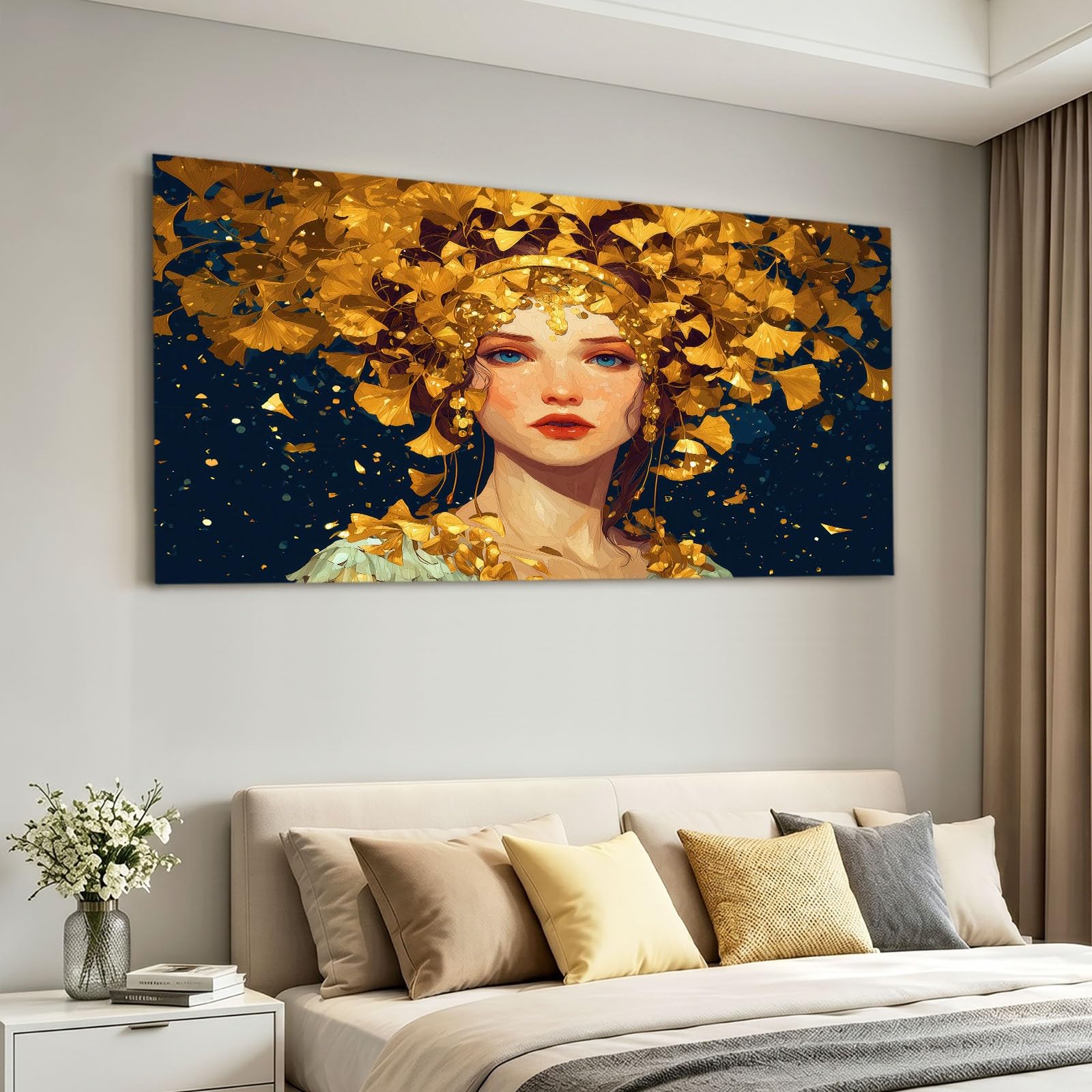 Leinwandbild Bilder 90 x 60 cm Fantasie Wanddeko, Schwarz Dame Gold Ginkgoblatt Kunstdruck, Wandbilder für Wohnzimmer, Schlafzimmer & Esszimmer