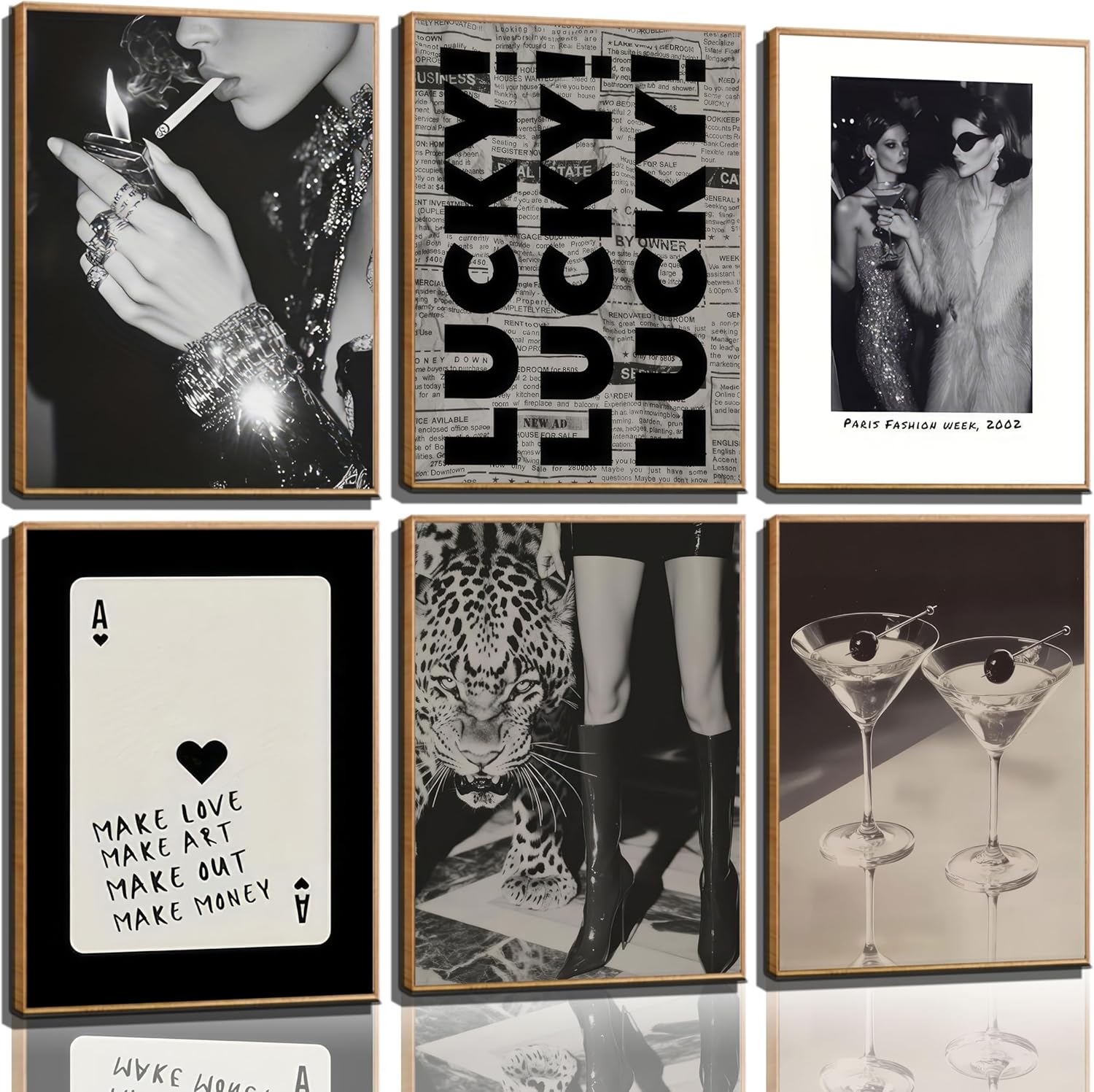 6pcs Trendy Leopard Wall Art Neutral Black And White Cheetah Paintings Martini Lucky Posters Prints Poker Preppy Fashion Luxury Wall Decor For Girly Bedroom Apartment Dorm Decoration(Unframed)