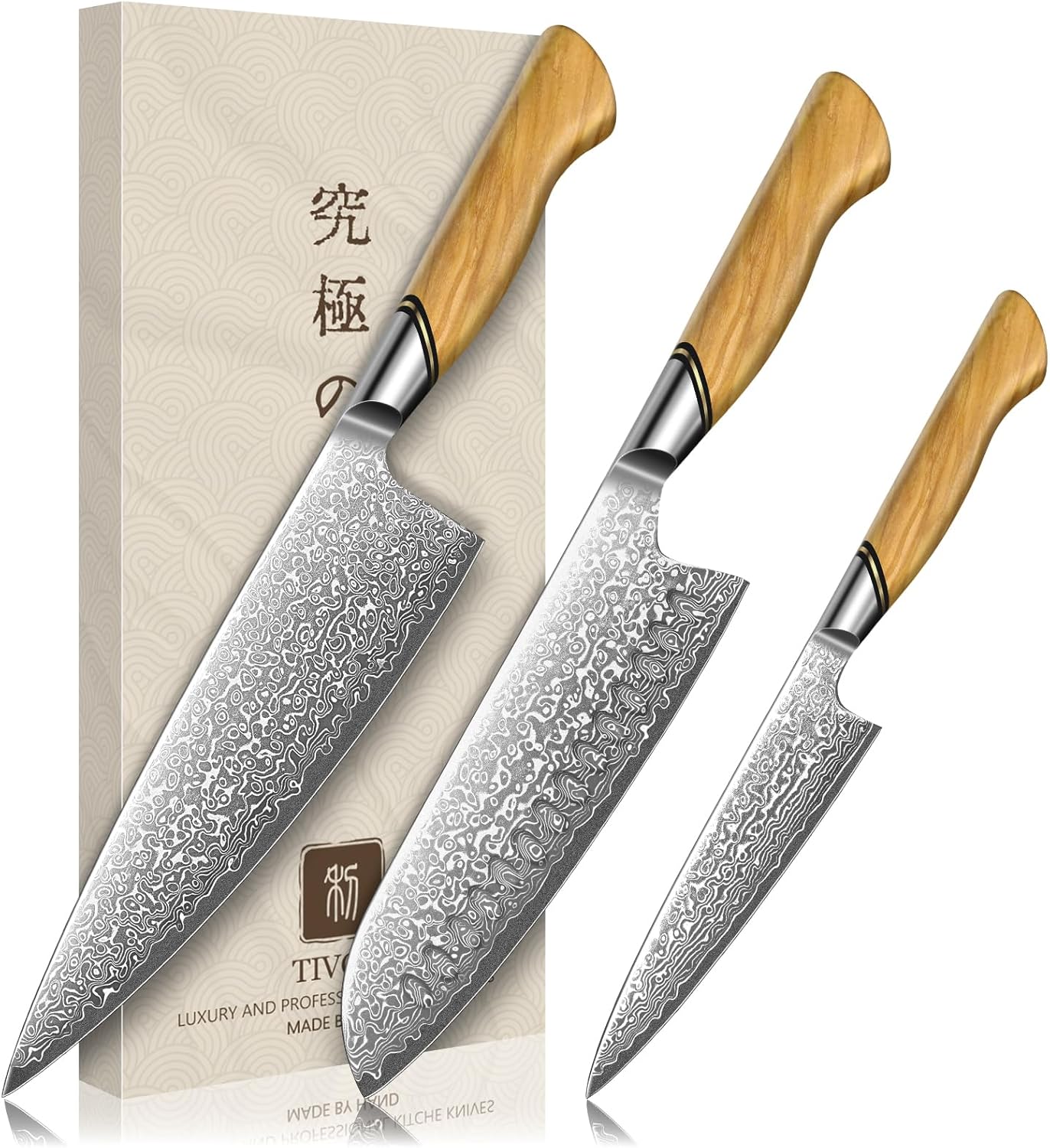 TIVOLI Damascus Kitchen Knife Set,3 PCS Japanese Chef Knife Set,VG-10 Damascus Santoku Paring Knife with Olive Wood Handle,Ideal Gift