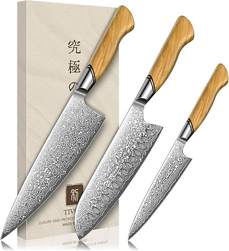 TIVOLI Juego de cuchillos de cocina de Damasco, juego de 3 cuchillos de chef japonés, VG-10 Damasco Santoku con mango de madera de olivo, regalo