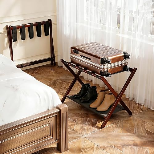 Miniatura 6 de 2 Pack Bamboo Luggage Rack for Guest Room, 26.77" Folding Wide Suitcase Stand with Fabric Storage Shelf, Thickened Luggage Stand Holder for Bedroom