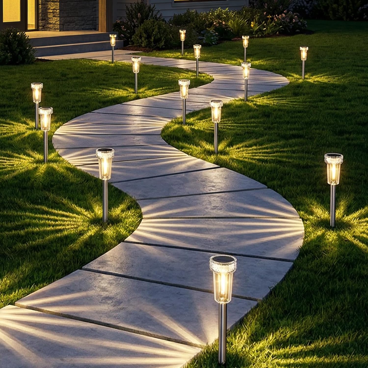 DERAYSION 12 Pack Solar Pathway Lights Outdoor, Auto Dusk-to-Dawn Landscape Garden Lighting, Waterproof Stainless Steel Pole Lighting for Path, Yard, Walkway, Garden, Driveway Decor - Warm White