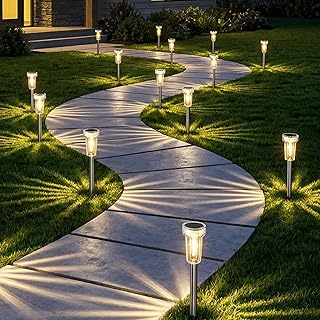 DERAYSION 12 Pack Solar Pathway Lights Outdoor, Solar Powered Garden Lights Auto On/Off, Waterproof Stainless Steel Pole Landscape Lighting for Path, Yard, Walkway, Driveway Decor - Warm White