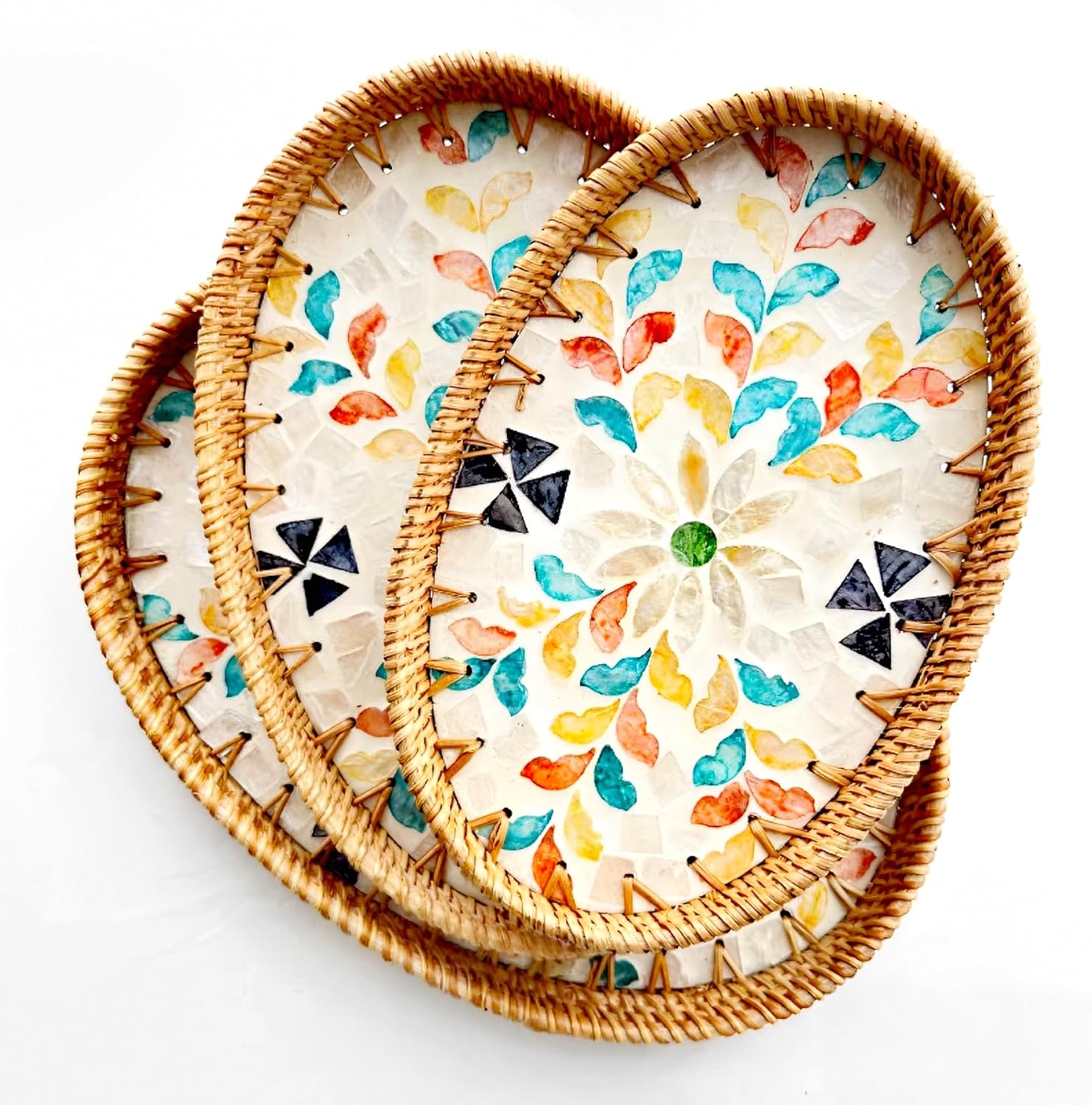 i-lan 3-Pack Oval Rattan Serving Trays with Mother of Pearl Inlay, 13/12/11 Inch Woven Platters for Home Decor, Coffee Table, Display, and Entertaining - Image 4