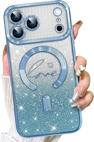 Vista 601 de Fiyart - Funda transparente magnética con purpurina para iPhone 12 para mujeres, con grabado "Love" metálico, protección para cámara y antigolpes