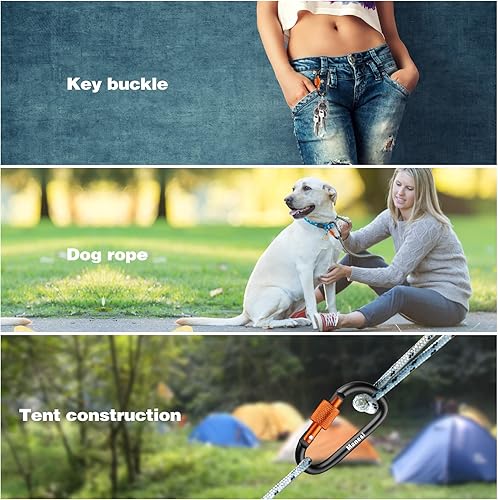 Vista 38 de Clips de mosquetón con puerta de tornillo, paquete de 10 mosquetones de aluminio de 3 pulgadas en forma de D, clip para llavero, hebilla de gancho