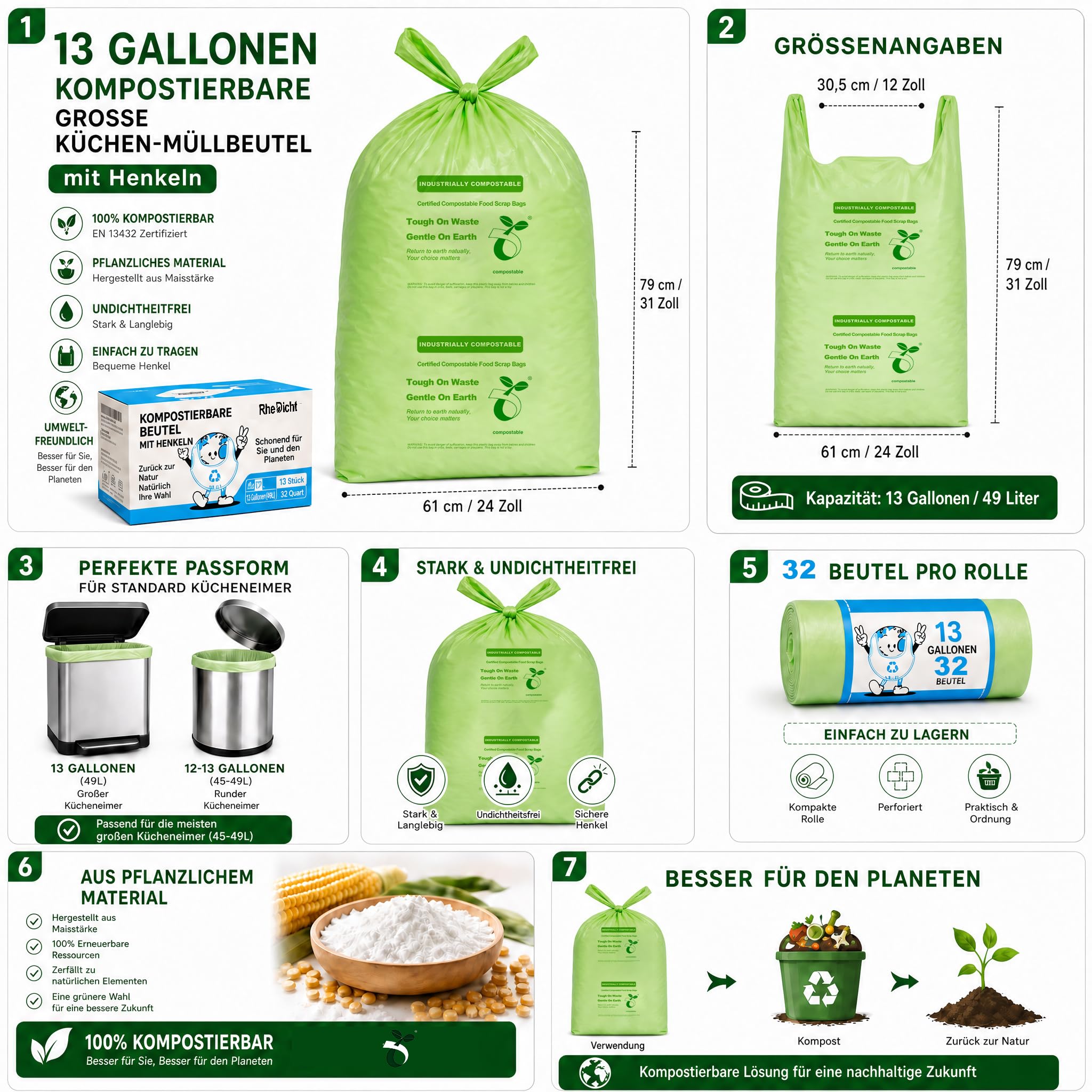 Sacchi della spazzatura biodegradabili da 50 l, 128 pezzi (4 scatole × 32 pezzi/rotolo), materiale amido di mais, certificato da piantine, ideali per cucina, garage e soggiorno, verde chiaro