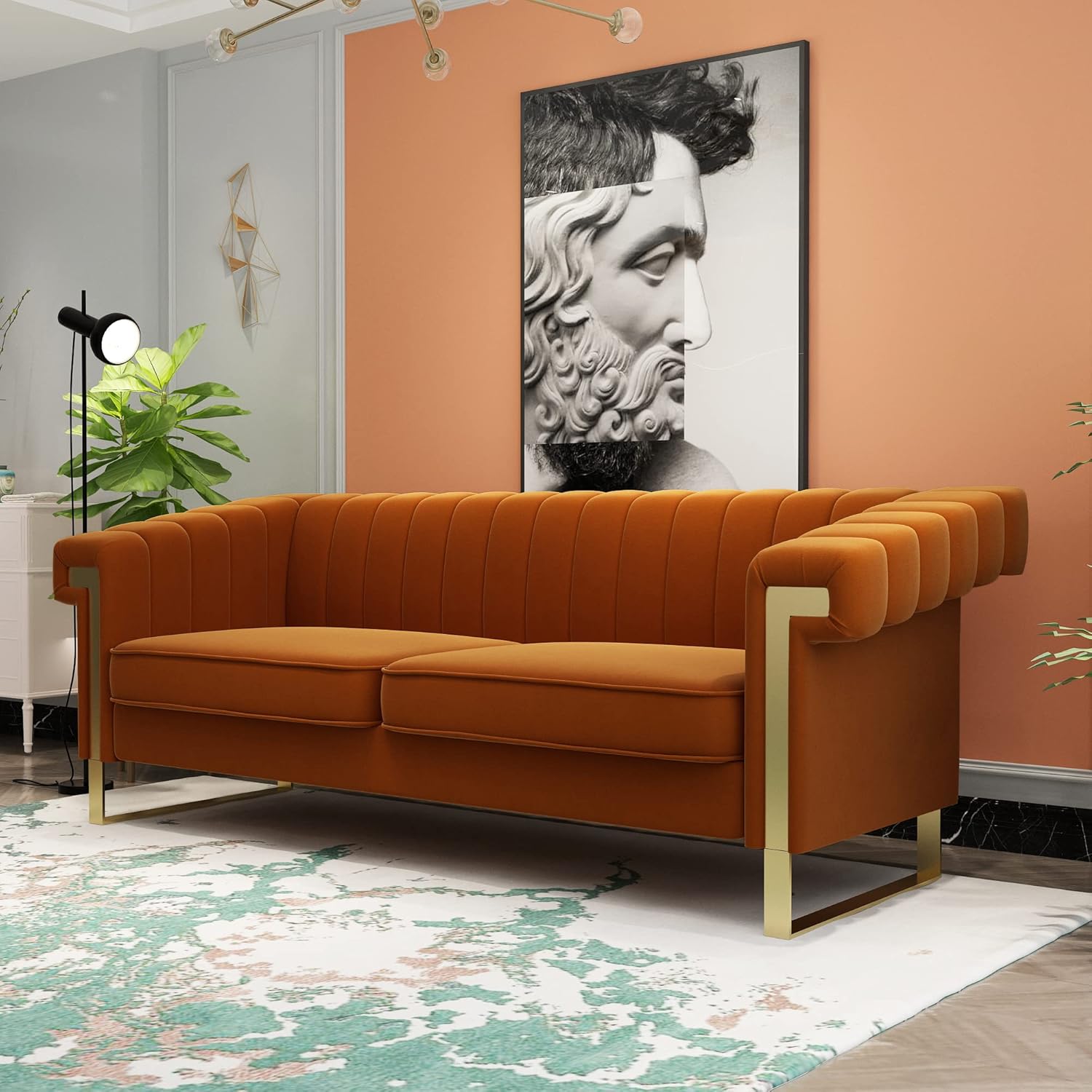 84 Inch Chesterfield Sofa, Mid-Century Modern Velvet Couch Sofa with Curved Arm and Gold Leg, Comfy Tufted Upholstered Large 3 Seater Couch with Removable Seat Cushion for Living Room, Orange