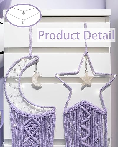 Miniatura 2 de HYLOVEHY Atrapasueños con luces y estrellas de luna, regalo de collar, decoración del hogar de ganchillo bohemio, macramé, tejido hecho a mano, para