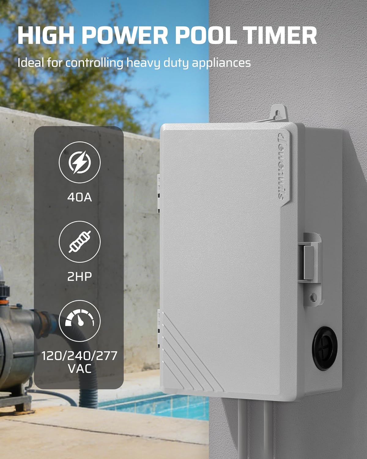 DEWENWILS Pool Pump Timer, Digital Timer Box, 2HP 40A 120-277 VAC, 7-Day 20 ON/Off Programmable Timer Switch for Water Heater, Pool Pump, SPA, Motor, ETL Listed Gray