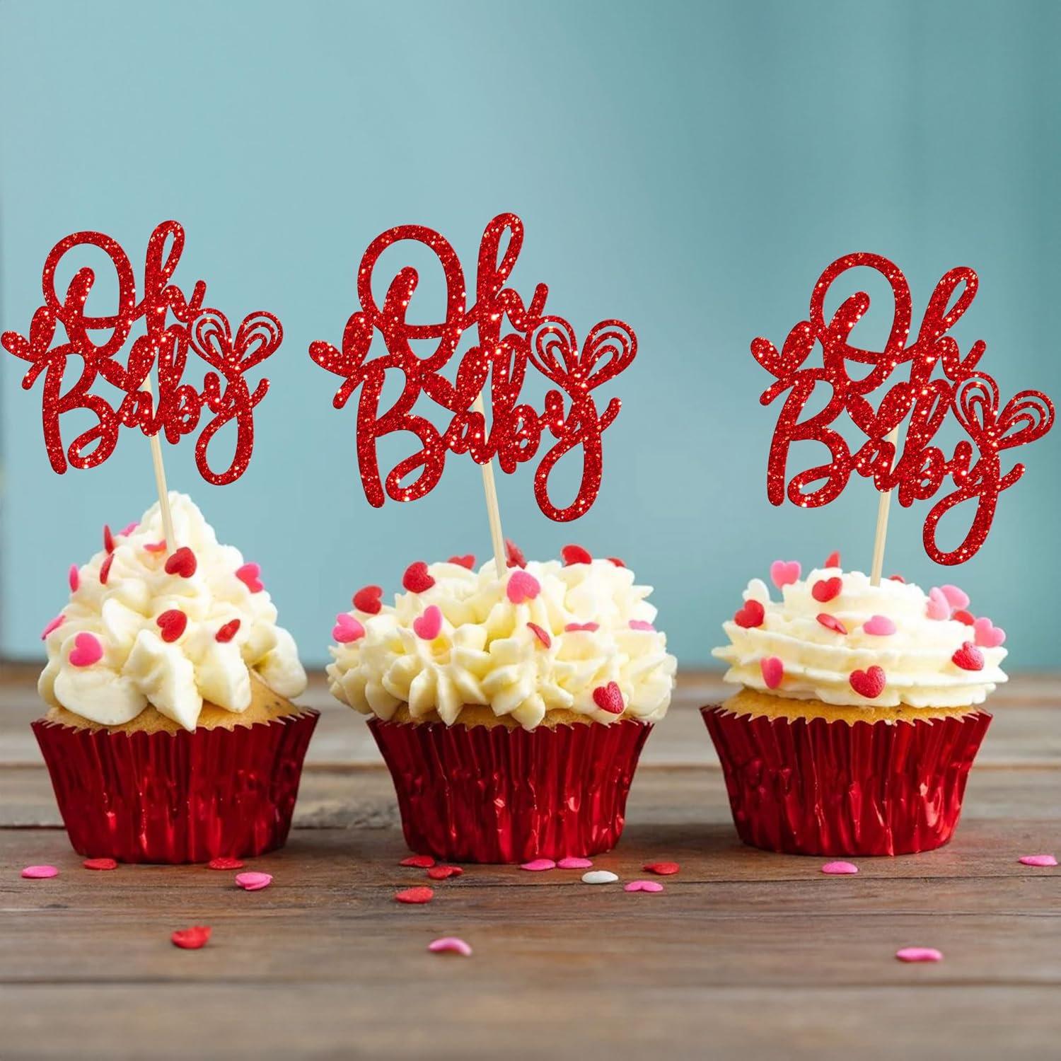 24pc Oh Baby Valentine's Day Cupcake Toppers - Glitter Feet Onesie, Heart & Cupcake Picks - Baby Shower & Birthday Party Supplies Red - Image 4