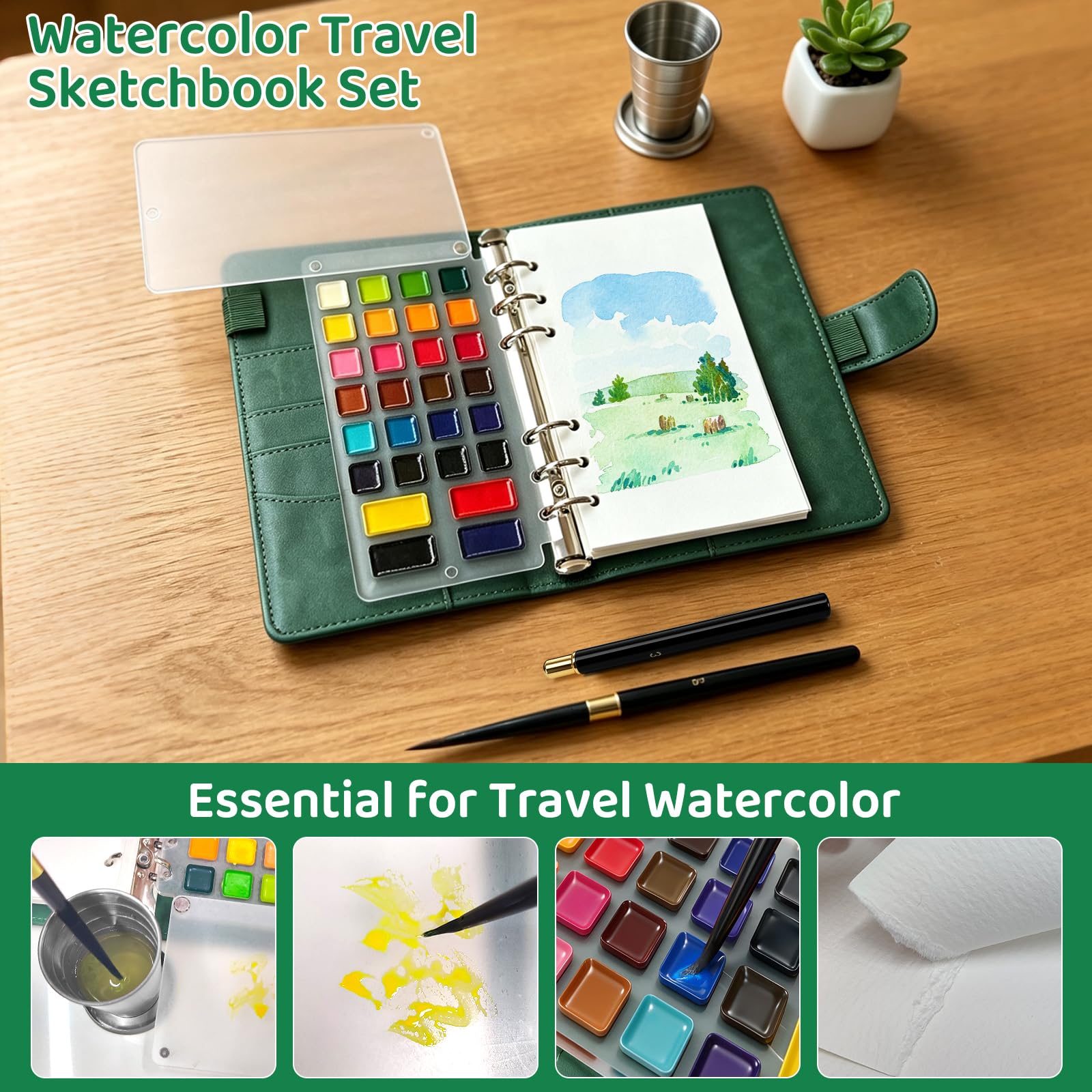 NYFITY Juego de cuaderno de bocetos portátil de acuarela, 28 colores, 7.5 x