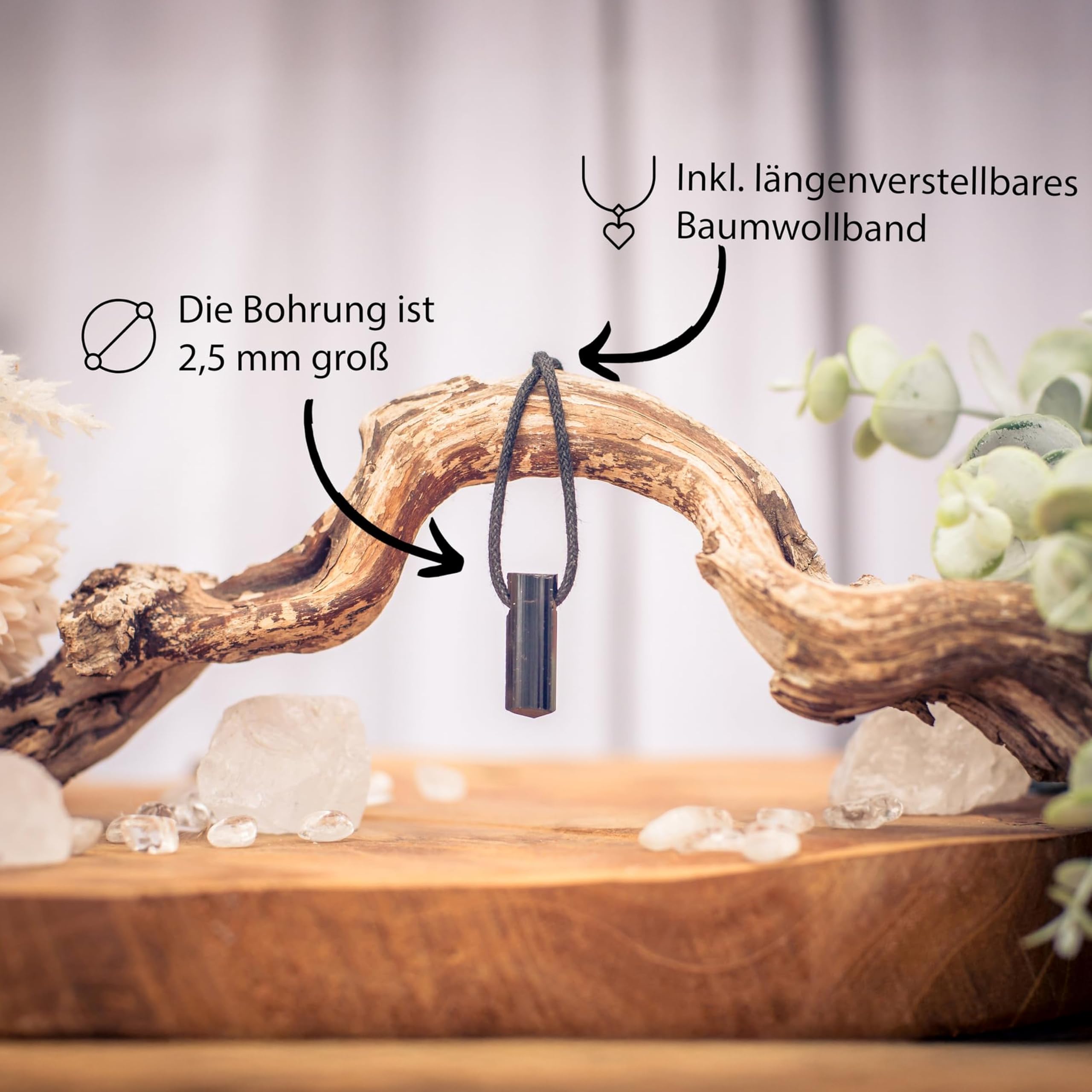 Lebensquelle Plus Czarny turmalin/Schörl mały surowy kamień wisiorek | wisiorek z kamienia szlachetnego + taśma bawełniana | naturalnie uprawiany kryształ, S, Stal nierdzewna, Turmalin